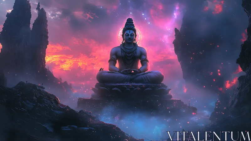 Serene cosmic deity in glowing sunset mountain sanctuary.