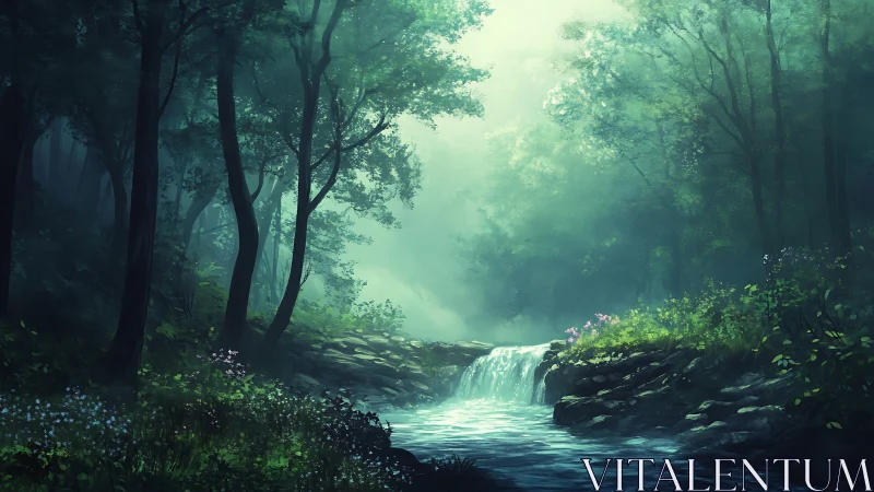 Luminous Forest Waterfall: Digital Landscape Through Misty Canopy.