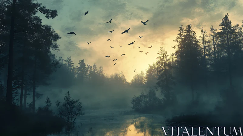 Misty conifer forest encircles dawn-lit marsh in muted tones