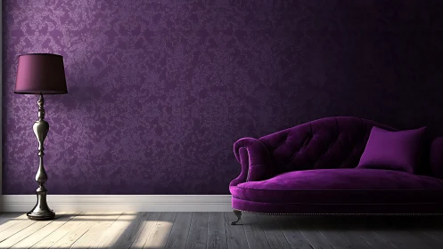 Velvet chaise lounge and floor lamp define monochrome purple interior