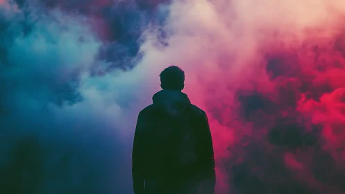 Silhouetted figure in neon misty gradient atmosphere at night.