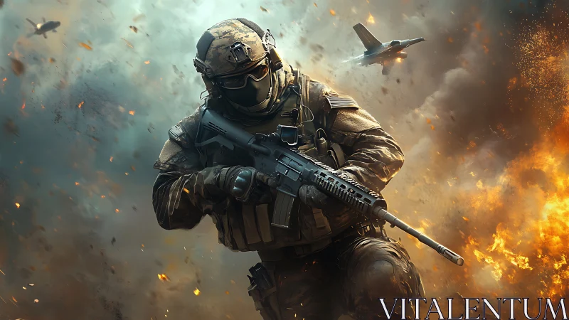 Armored infantry operator advances through high-intensity firestorm