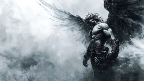 Winged humanoid figure amid monochrome storm clouds.