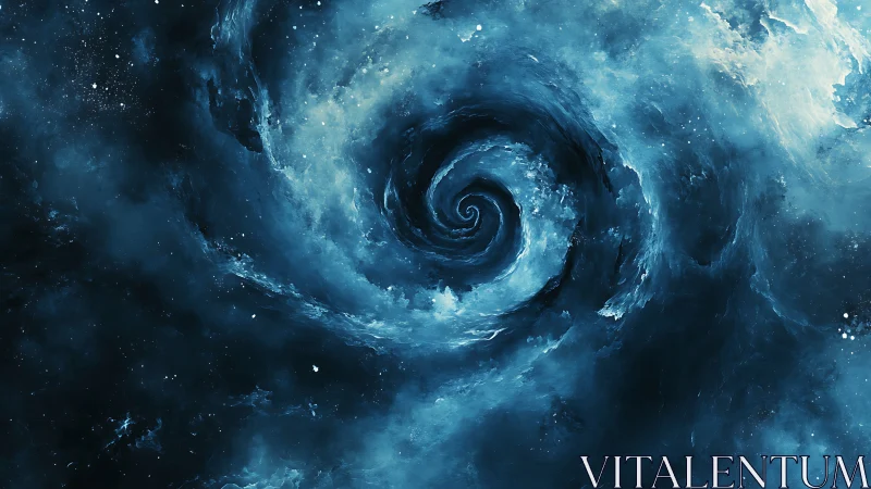 Cosmic blue vortex swirls through deep luminous nebula.