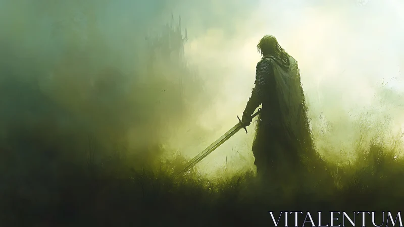 Solitary armored figure with sword in misty green field.