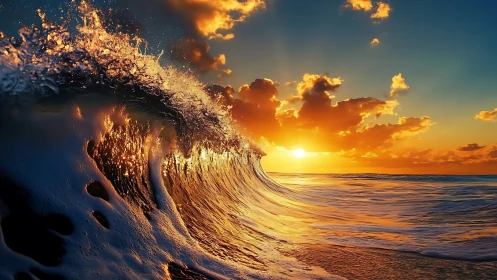 Sunlit ocean wave curls toward radiant horizon at sunset