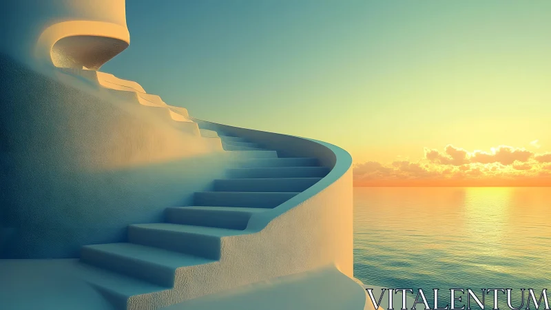 Curved White Staircase Overlooking Peaceful Ocean at Sunset.