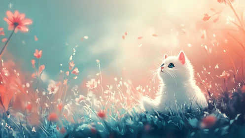 White Cat Gazing Among Coral Wildflowers.