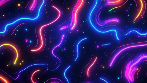 Curved neon light trails move across dark abstract background