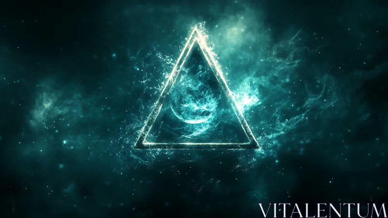 Glowing cosmic triangle cradling a mysterious swirling moon.