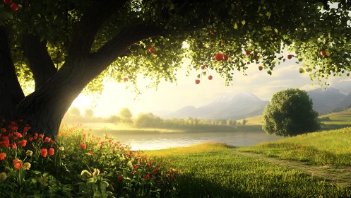 Golden sunrise glows over apple tree beside tranquil lake