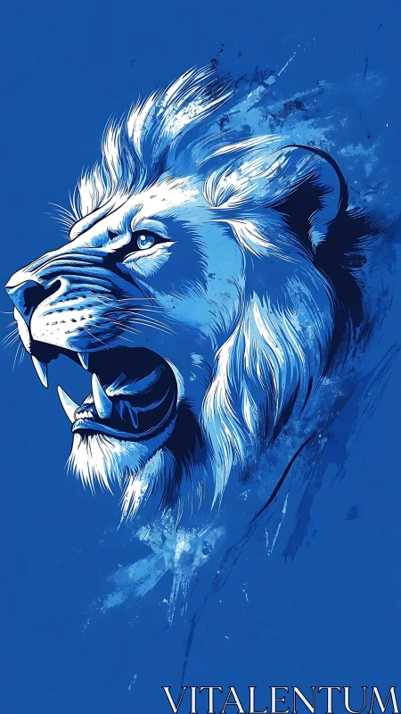 Blue digital illustration of roaring lion head profile.