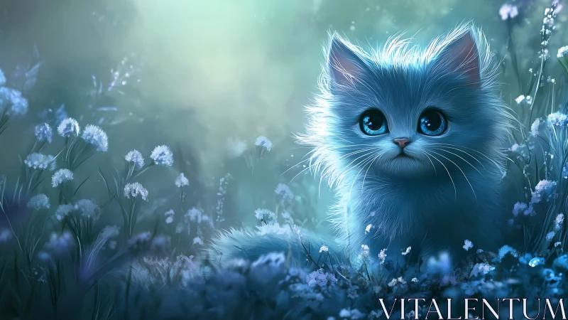 Luminous White Kitten in Dreamlike Floral Field.