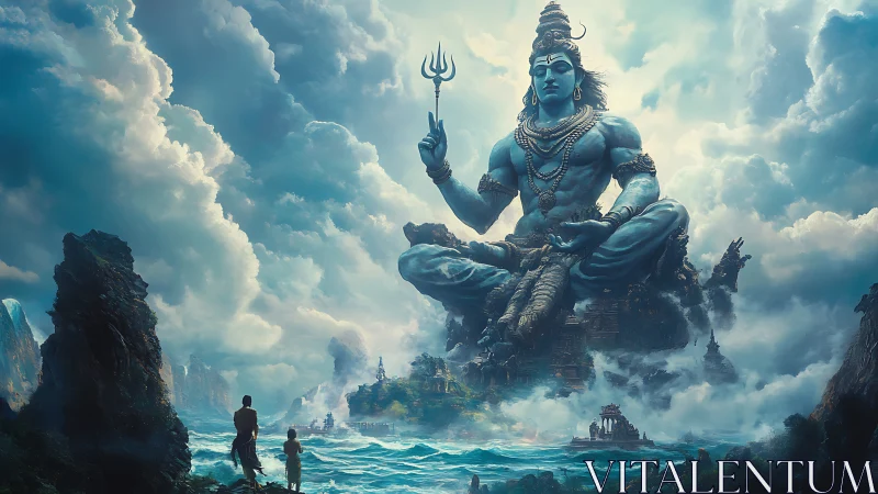 Mythic deity colossus in atmospheric seascape digital painting.