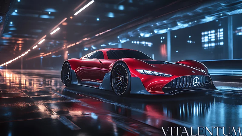 Red aerodynamic concept hypercar under tunnel lights in wet reflections
