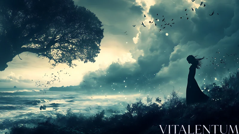 Stormlit shore dreamscape with lone silhouette and wild sky.