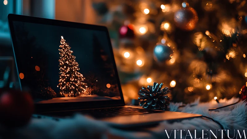 Laptop displays glowing Christmas tree beside warm lights.