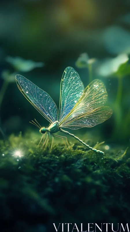 Digital render depicts luminous dragonfly on moss surface