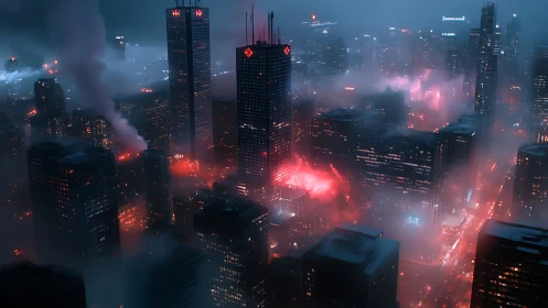 Neon fog engulfs cyberpunk high-rises in a nocturnal skyline
