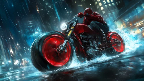 Red motorcycle racing through wet neon city streets at night.