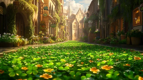 Digital painting of floral-clad European alleyway perspective.