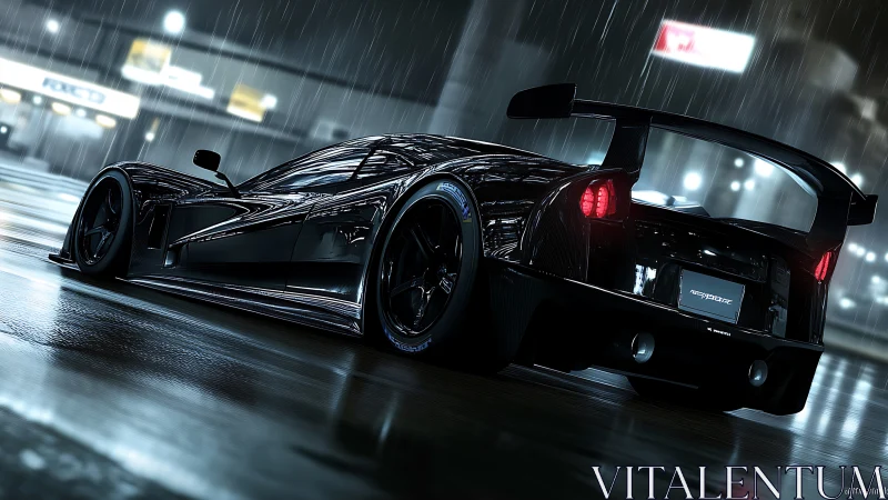 Midnight hypercar rendering under cinematic rain lighting.