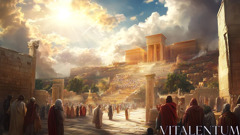 Ancient hilltop temple dominates sunlit crowd-filled courtyard