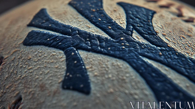 Macro closeup logo embossed on worn leather surface.