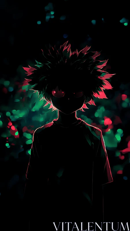 Backlit silhouette youth with neon rim lighting in darkness.