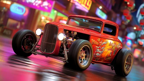 Red hot rod coupe stands on wet neon city street at night