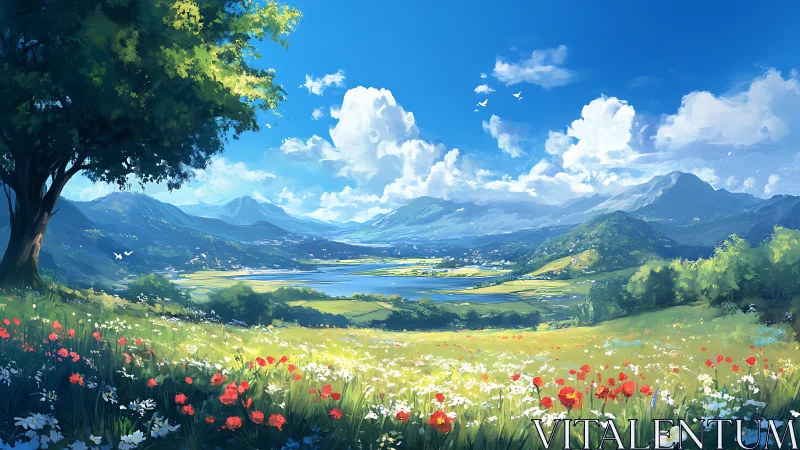 Landscape illustration shows hillside meadow, lake and distant mountains