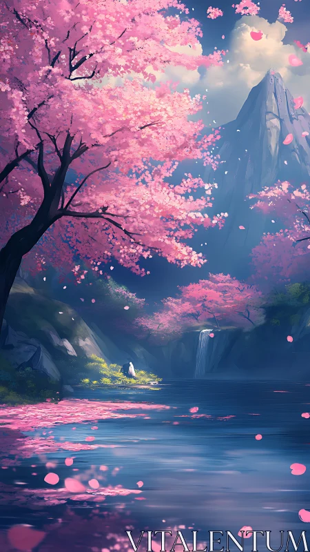 Blossoming cherry valley frames tranquil waterfall and peak.