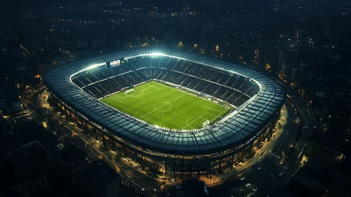 Illuminated football stadium under night sky in cityscape.