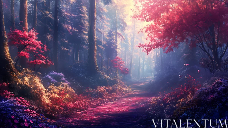 Enchanted Forest Corridor: Neon Autumn Landscape.