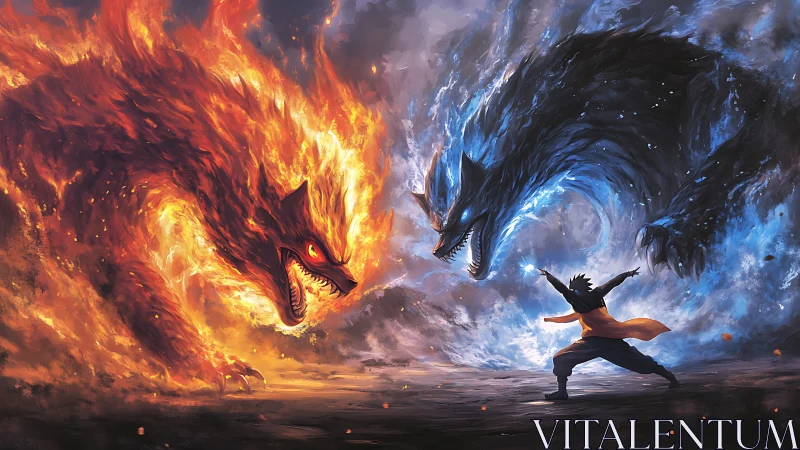 Elemental animal duel with human summoner at center point.