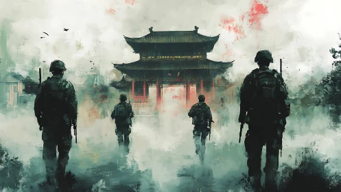 Modern infantry patrol advancing toward mist-shrouded temple gate