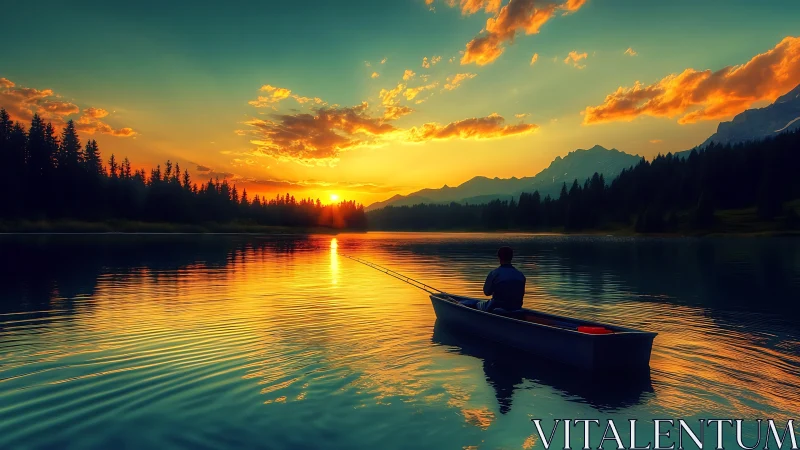 Lone fisherman drifts on a glowing lake beneath a burning sunset