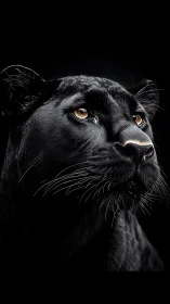 Black Panther Portrait with Golden Eyes Against Dark Background.