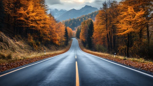 Photorealistic autumn highway perspective with mountain backdrop.