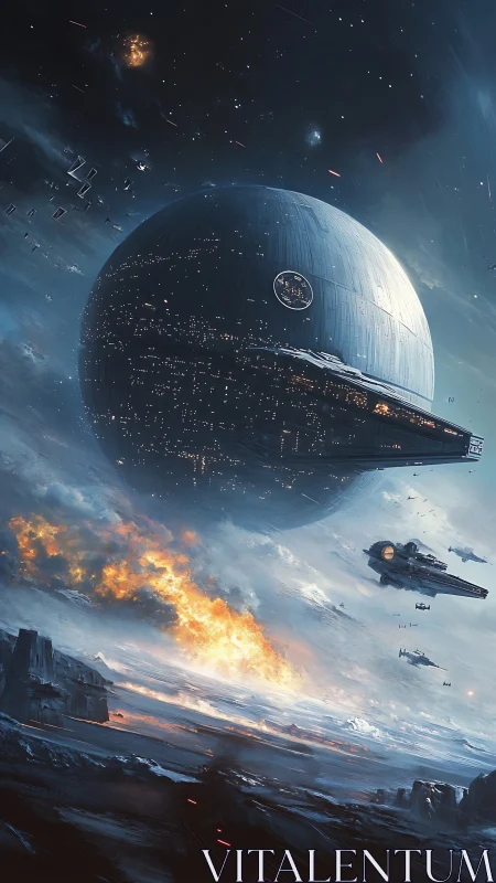 Spherical orbital battle station dominates a burning planetary war