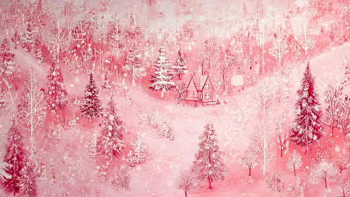 Pink winter forest with small house in soft snowfall scene.