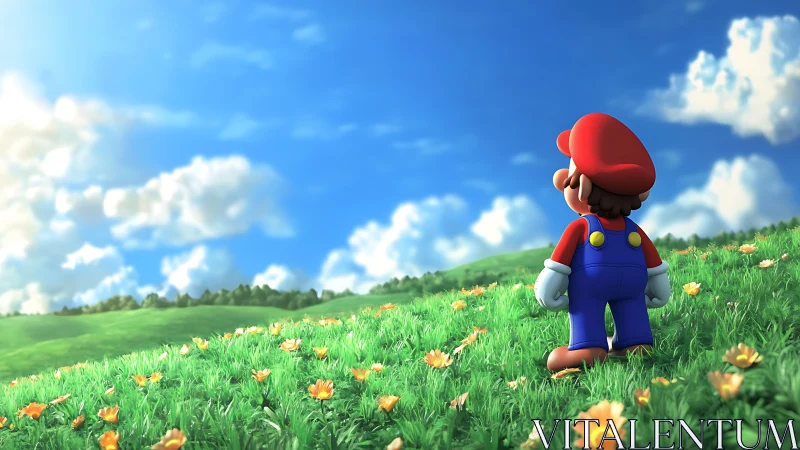 Plucky red-capped wanderer gazes over emerald dream hills.