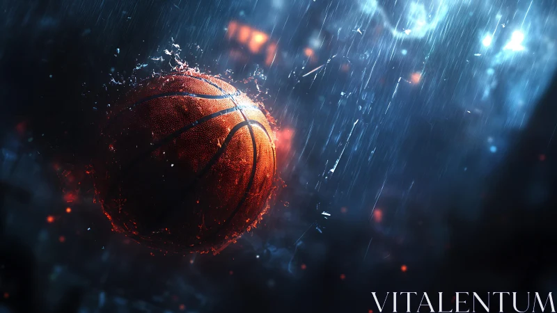 Soaked basketball glows with energy in cinematic rainstorm.