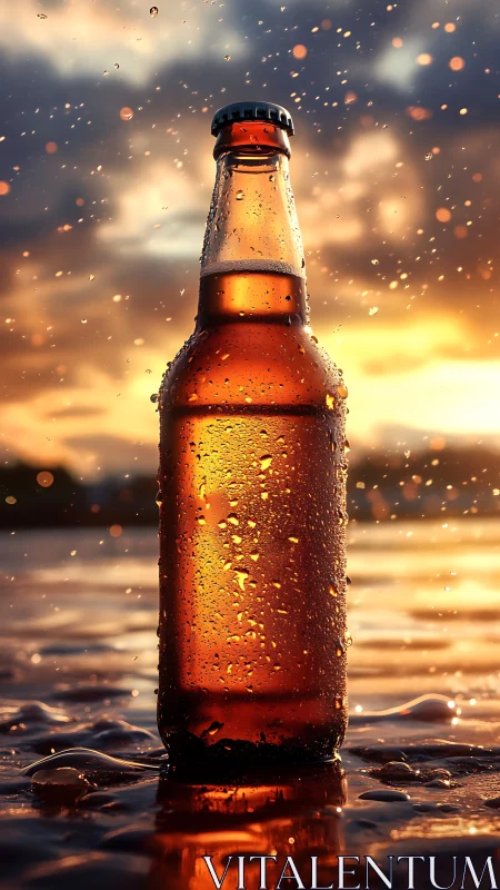 Sunlit beer bottle glows against a dramatic sunset sky.