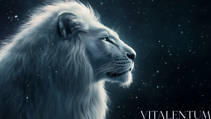 White lion profile is rendered against a star-filled night sky