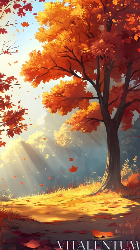 Directional light defines a stylized autumn forest canopy and path