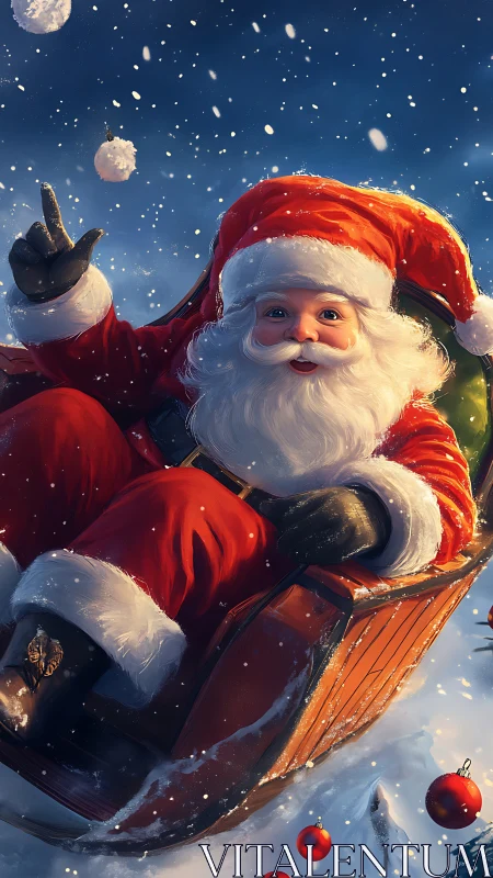 Snowball-slinging Santa rockets downhill in sparkling joy.