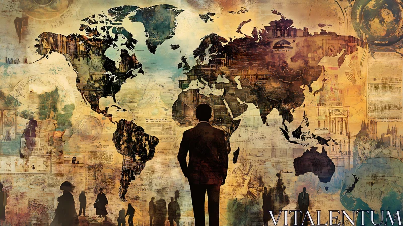 Silhouetted figures before layered world map collage.