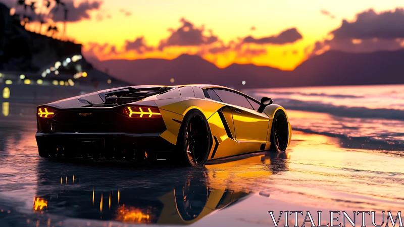 Sports coupe is parked on reflective shoreline at sunset