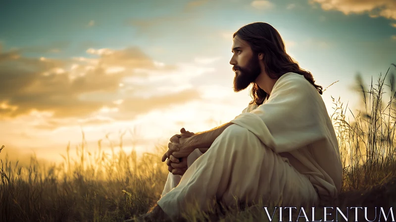 Contemplative robed man seated in sunset grassland profile